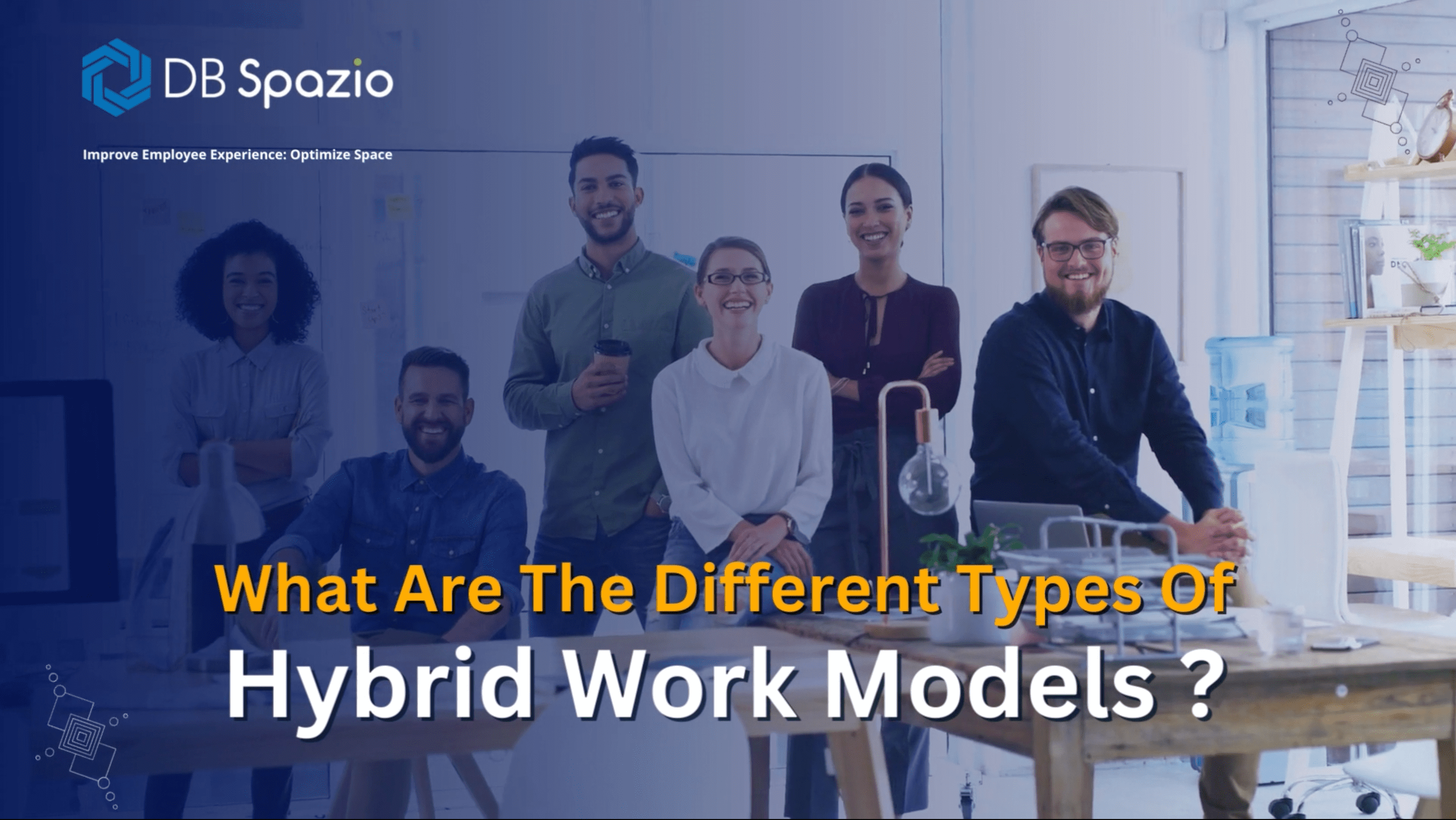The image is a thumbnail for a video that explains the different hybrid work model, its pros and cons and the technology required for each model.