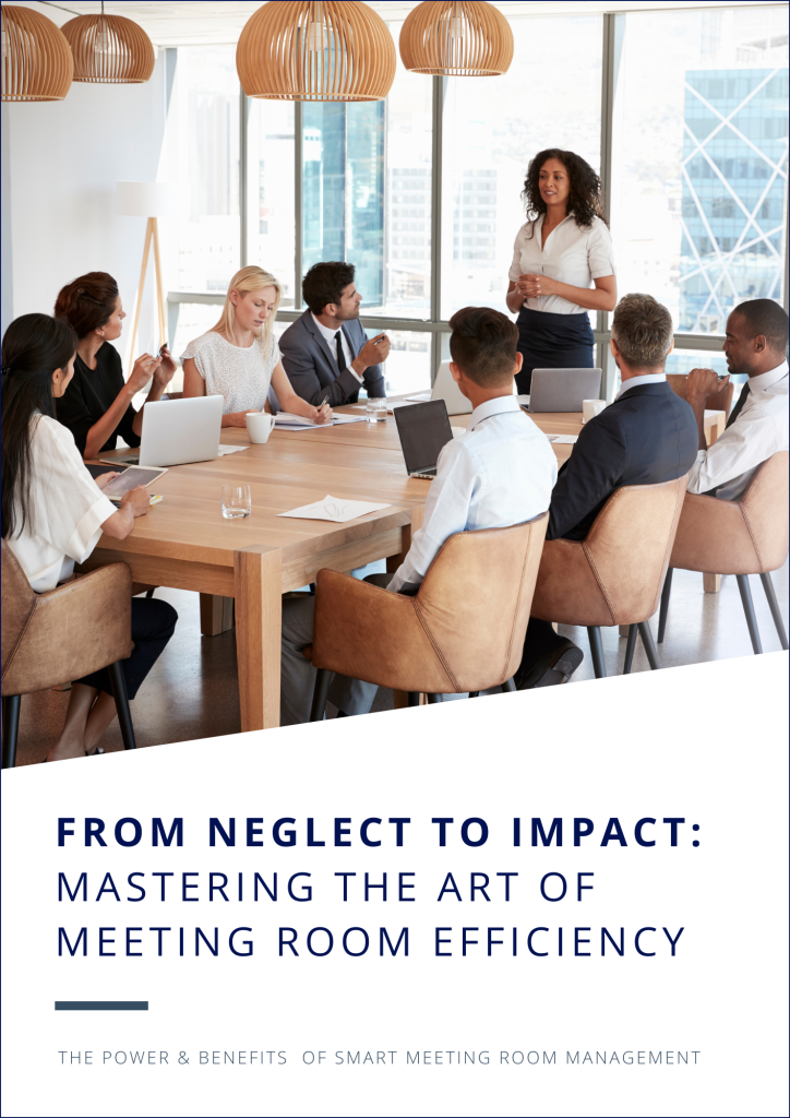 The image is the cover for the guide by DB Spazio names on improving meeting room efficiency. The guide discusses key strategies to eliminate ghost meetings, save costs and utilize meeting rooms in a better manner. 